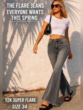 Flying Monkey Gray Wash High Rise Super Flare Jeans Raw Hem Y2K 70s Size 34